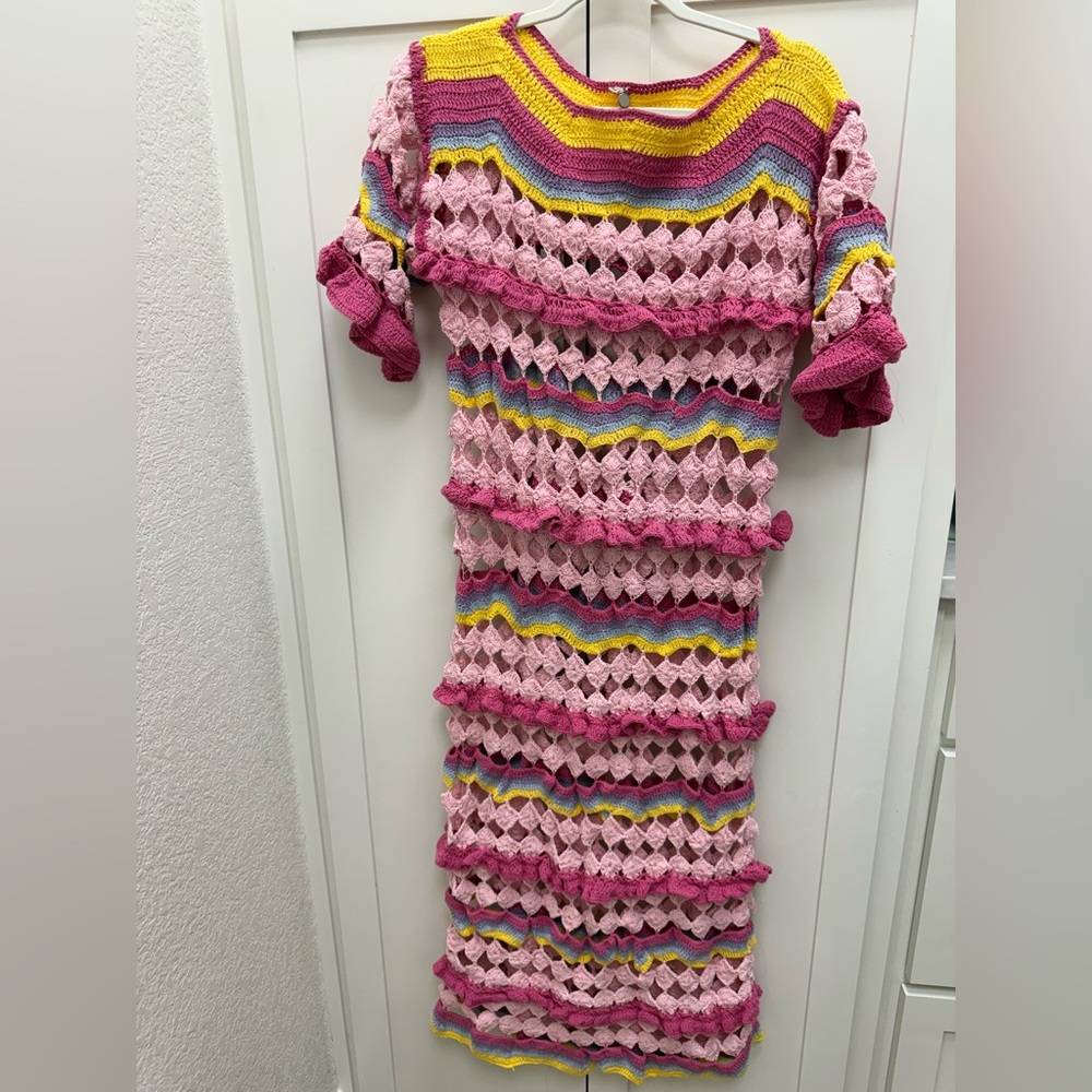 CeliaB Pink and Rainbow Crochet Dress